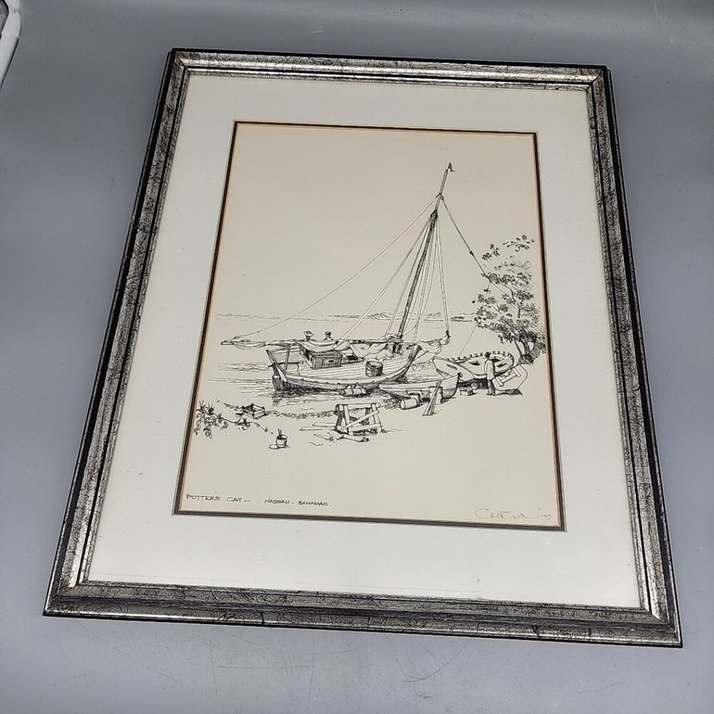 Framed Sketch Pencil Art Potters Cay Nassau Bahamas Signed Sailboat Wall Hanging